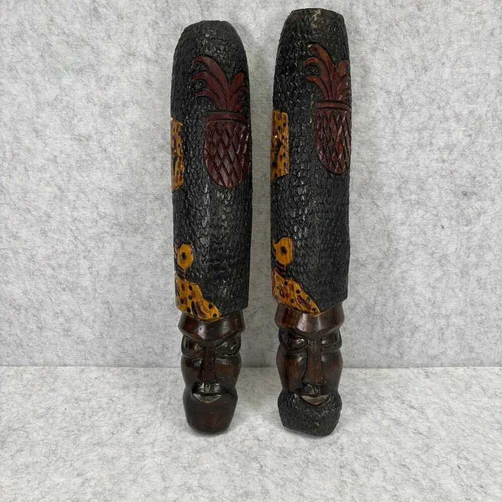 Vintage 1970s Hawaiian Carved Wood Tiki Couple – Wall Art Pair 18.5